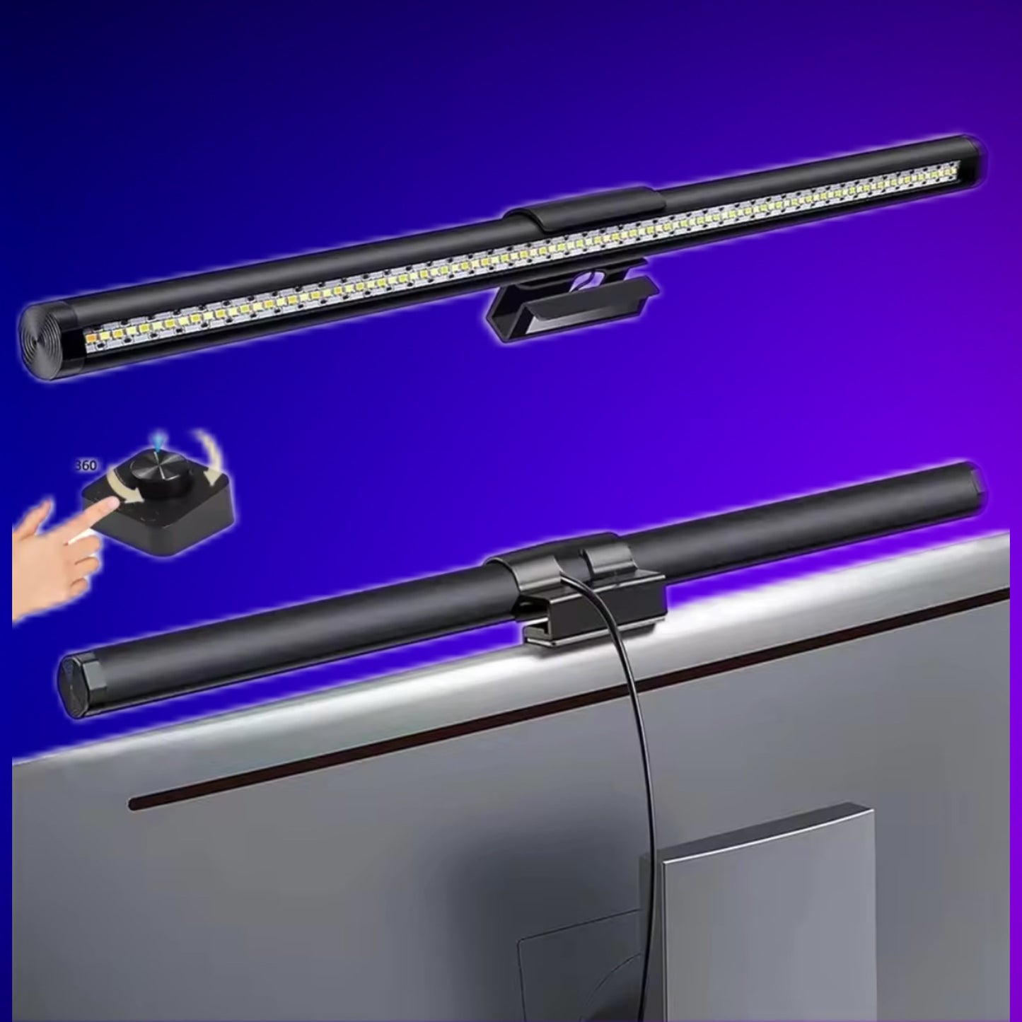 Monitor light bar with 360-degree touch dimmer controller and magnetic clip mount