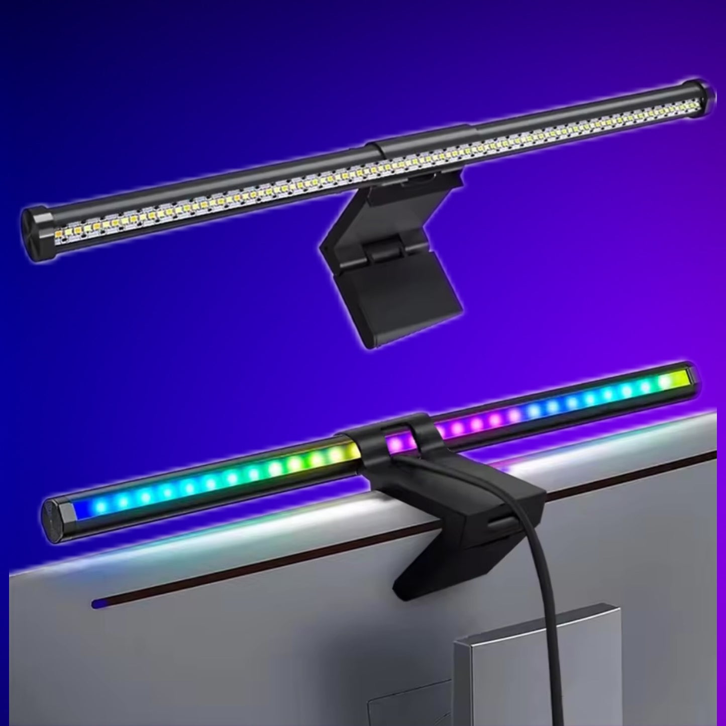 LumeScape RGB Monitor Light Bar with front white LEDs and back ambient RGB lighting in adjustable mount