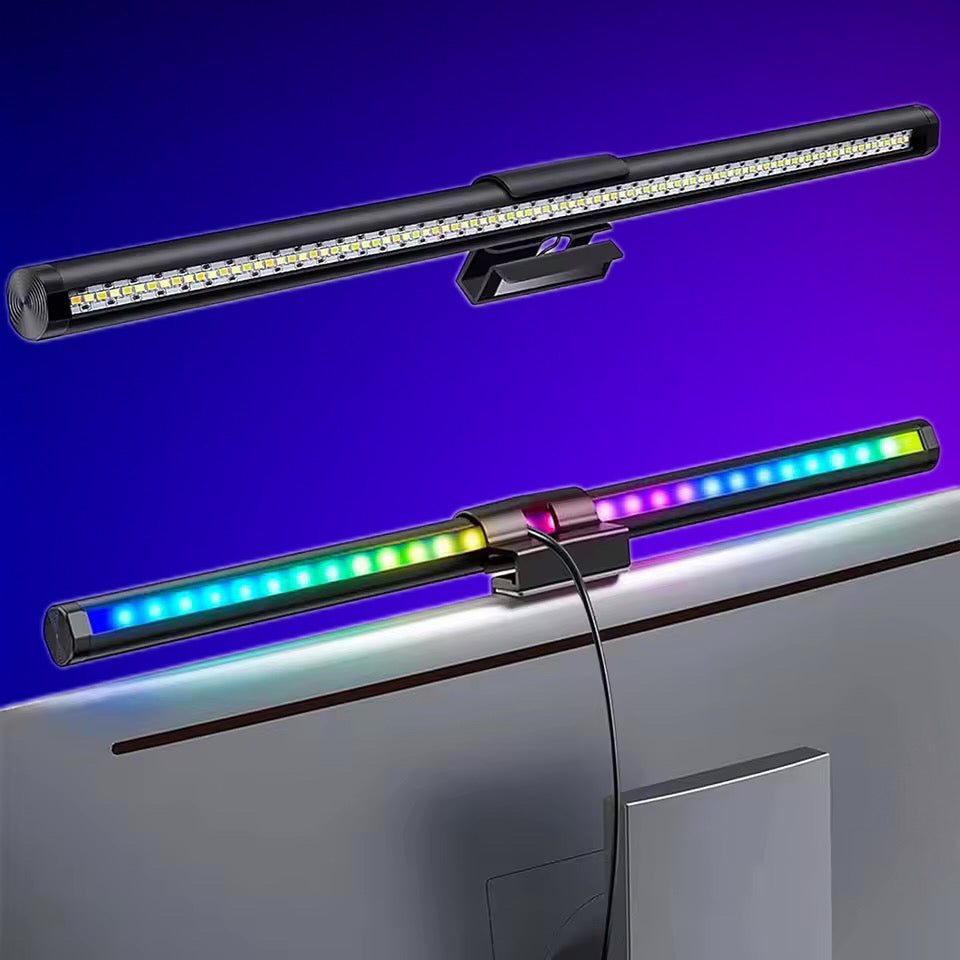 Front and rear lighting view of the LumeScape RGB Monitor Light Bar showcasing colourful ambient glow