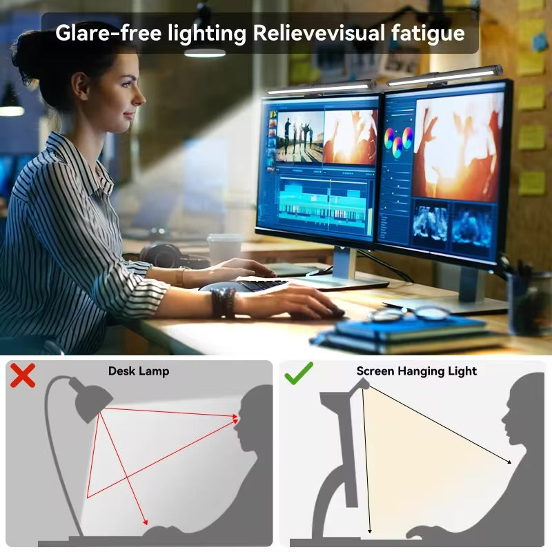 Comparison of screen hanging light versus desk lamp for glare-free viewing